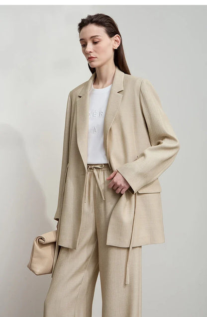 Office Lady Solid Blazers 2025 Autumn New Long Sleeves Loose Coat Notched Business Jacket Belt Women's Clothing 12543025