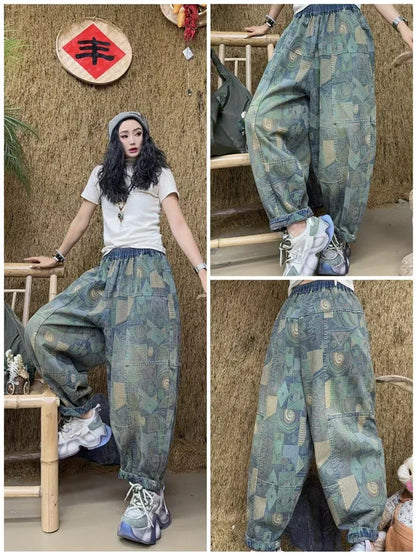 Printed Spring Patchwork Womens 2025 Harem Trousers Vintage Females Fashion Loose Leisure Denim Pants Classic Jeans