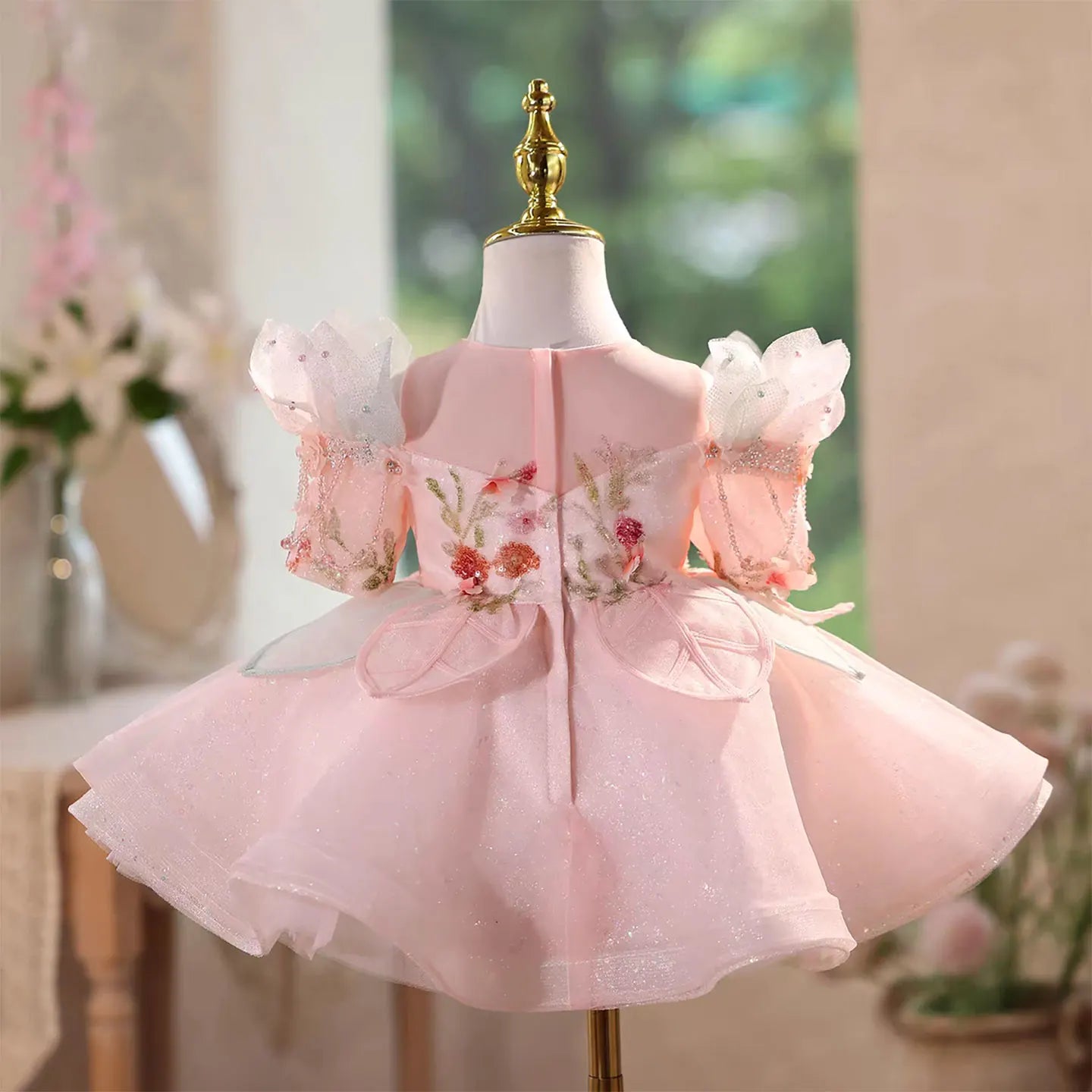 J566 Lovely Pink Flower Girl Dresses with Appliques Knee Length Lace Kids Wedding Birthday Party Pageant Ball Gown