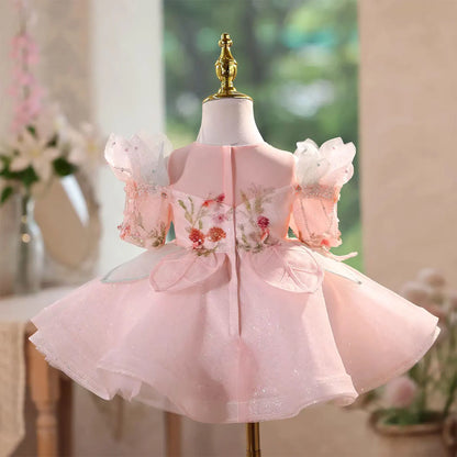 J566 Lovely Pink Flower Girl Dresses with Appliques Knee Length Lace Kids Wedding Birthday Party Pageant Ball Gown
