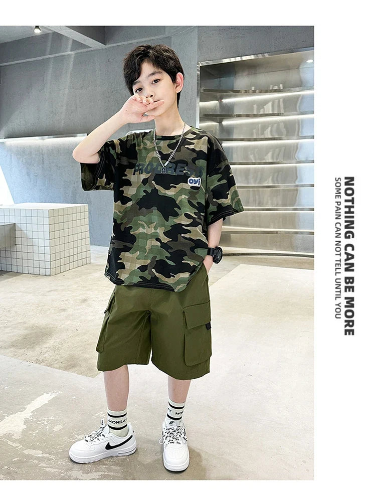 Kids Summer Set Causal Camouflage Sportswear Two Piece Clothing Set for Teenage Boy Short Sleeve T-shirt Shorts Tracksuit Outfit