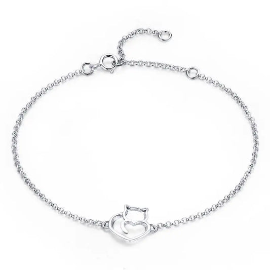 Bracelets et joncs à maillons chaîne Cœur et Chat en argent sterling 925 véritable pour femmes, bijou authentique en argent, cadeau, 3 couleurs