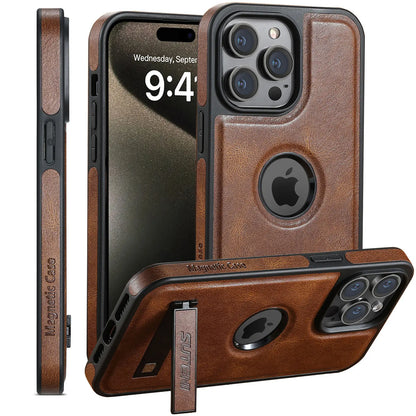 For iPhone 15 14 13 12 Pro Max Leather Case, [Compatible with Mag-safe] Built-in Invisible Stand Protective Slim Kickstand Cover