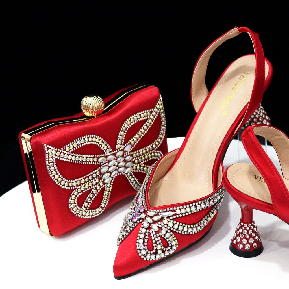 New Elegant Green Bling Bow Pointed Toe Pumps for Women 2024 Party italian Rhinestones shoes and bags matching set