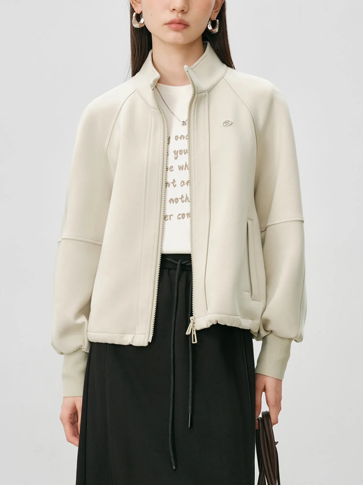 Stand Collar Women Casual Coats Oatmeal Zip-up Cropped Sweatshirt Jacket 2024 Autumn Cotton Short Sweatshirts 24ZQ94212