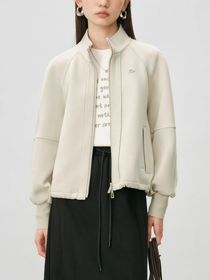 Stand Collar Women Casual Coats Oatmeal Zip-up Cropped Sweatshirt Jacket 2024 Autumn Cotton Short Sweatshirts 24ZQ94212