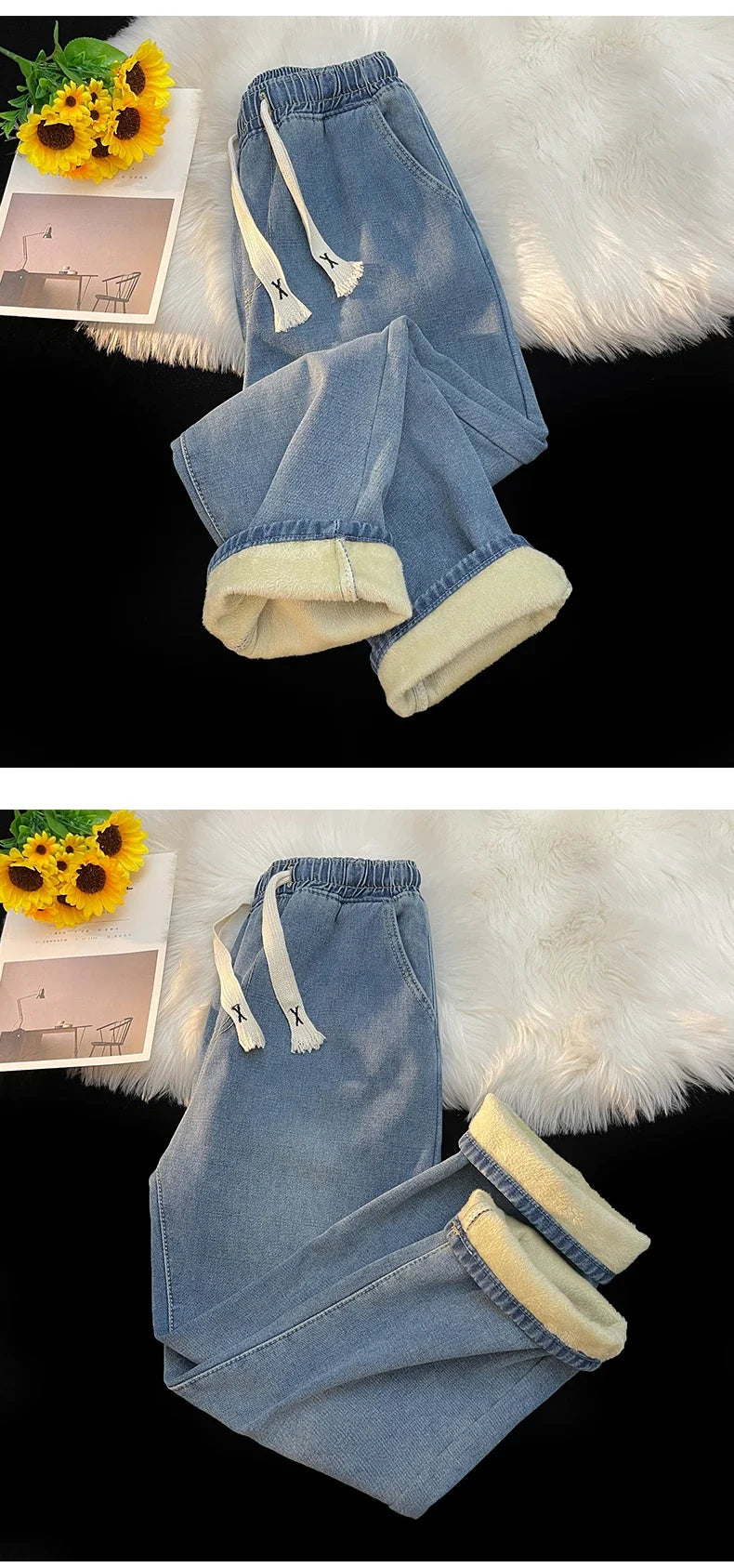 Thick Winter Straight Men's Jeans Fleece Warm Loose Plush Trousers Fashion Casual Wide-leg Plush Denim Pants Male