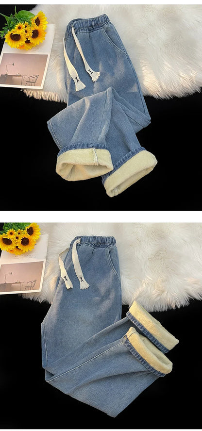 Thick Winter Straight Men's Jeans Fleece Warm Loose Plush Trousers Fashion Casual Wide-leg Plush Denim Pants Male