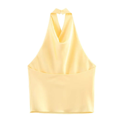 Spring Elegant Women Satin Halter Tops 2026 Summer Backless Off Shoulder Corset Vest Female Fashion Slim Crop Tank Top