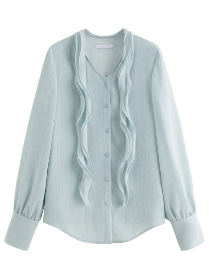 Autumn Elegant Blouse 2025 Asymmetric Flounce Shirt V-Neck Korean Style Chic Design Office Lady Women's Casual Shirt