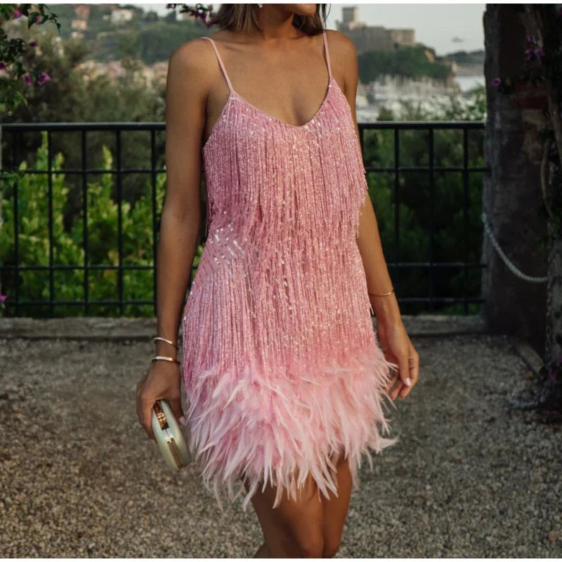 2025 New Sexy Tassel Sequins Feather Mini Dress Women Spaghetti Strap Stitching Dresses Female Elegant Evening Party Club Dress