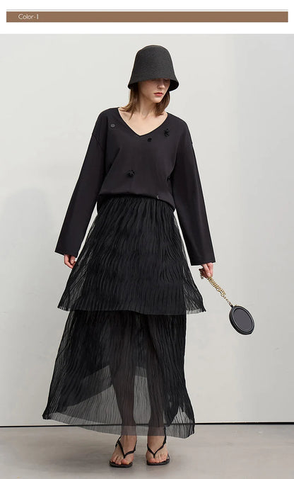 Long Skirt 2026 Spring New Casual Vacation Waist Pleated Mesh Long Skirt Women Loose Solid Versatile Woman Clothes 12621001