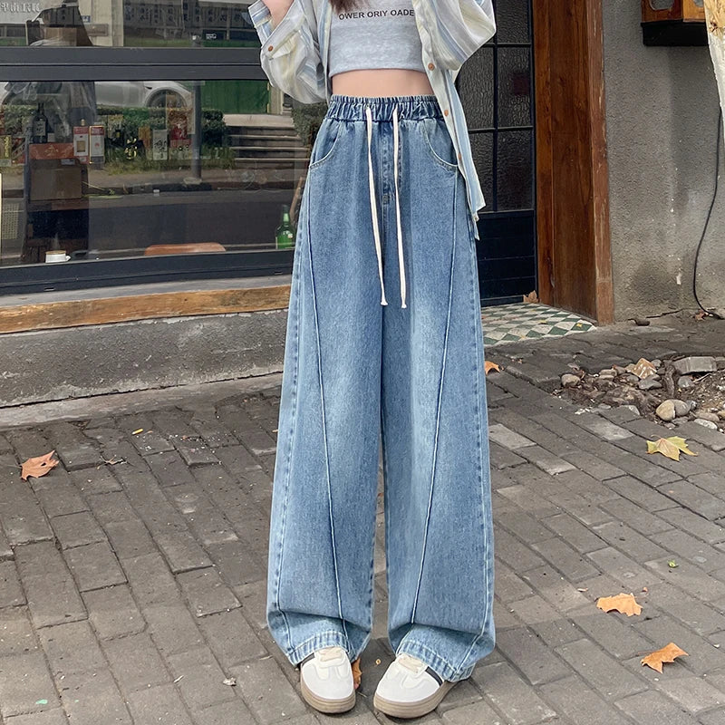 High Waist Wide Leg Jeans Women's Loose Fit Dstring Elastic Waist Long Trousers Blue Denim Spring Season Faion plus Size