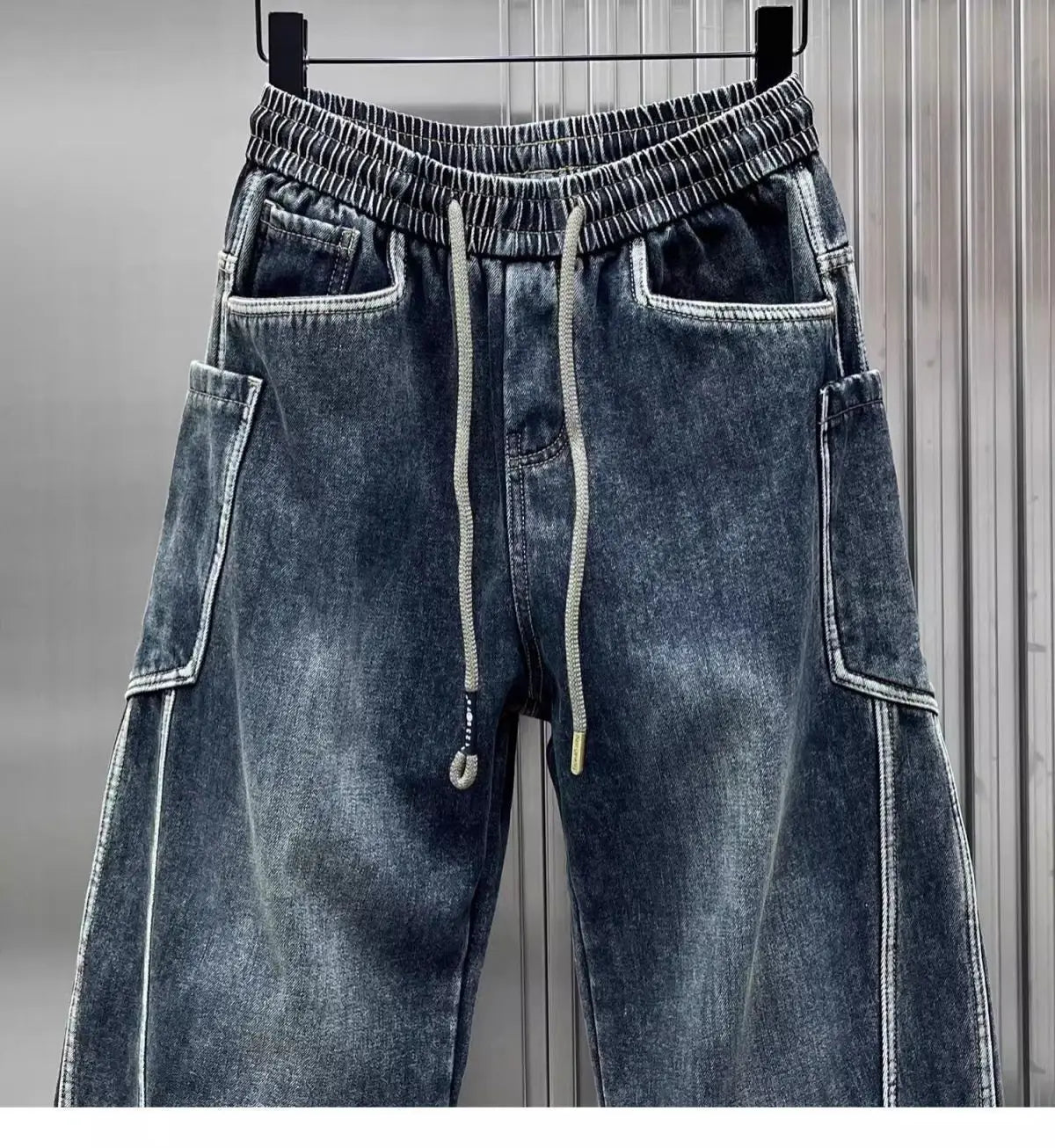 Spring Autumn 2025 New Splicing Cutting Elastic Waist Large Size Boys Washed Loose Wide Leg Big Pocket Scimitar Drawstring Jeans
