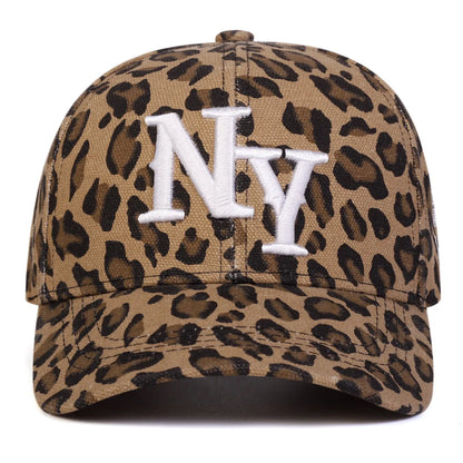 Leopard Print Baseball Cap with New York Embroidery Adjustable N.Y. Cotton Hat for Men and Women Casual and Sporty Look