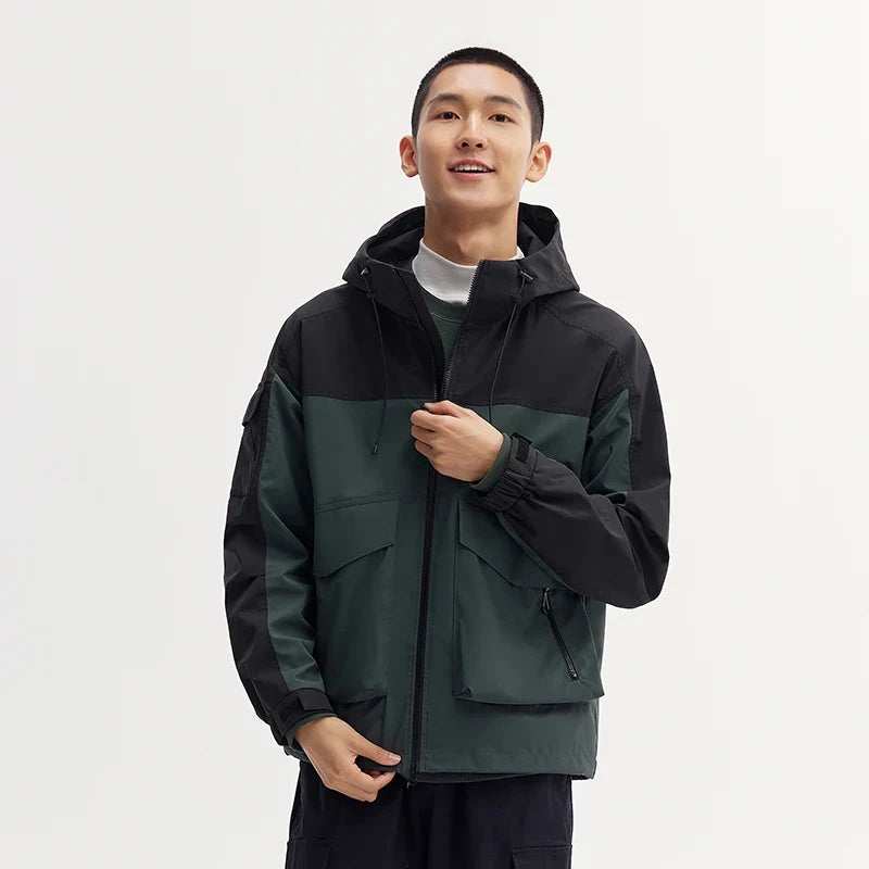 Three-proof Jacket Men Autumn Outdoor Color Block Hooded Windbreaker Large Pocket Workwear Trendy Coat