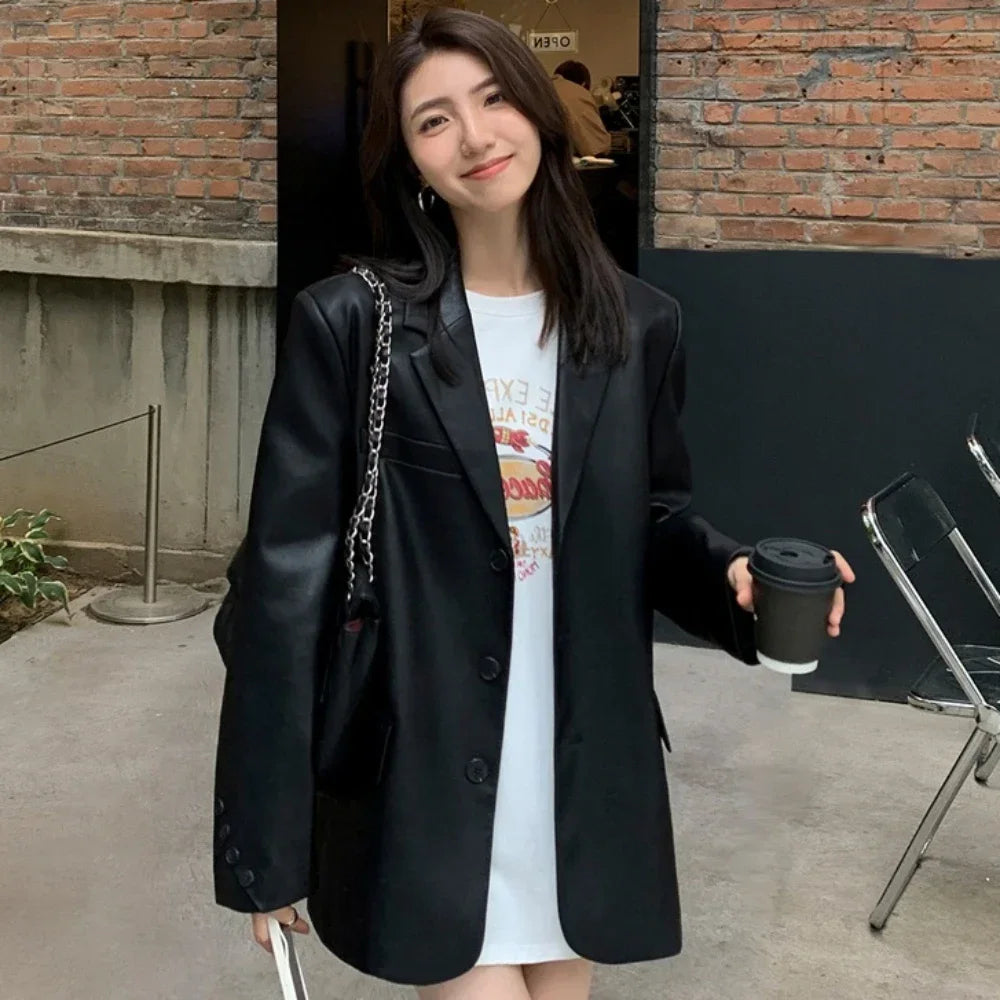 Blazer Woman PU Leather Black Outerwears Long Over Loose Jacket Coats for Women Solid Clothes Dress Korean Style Fashion 2025