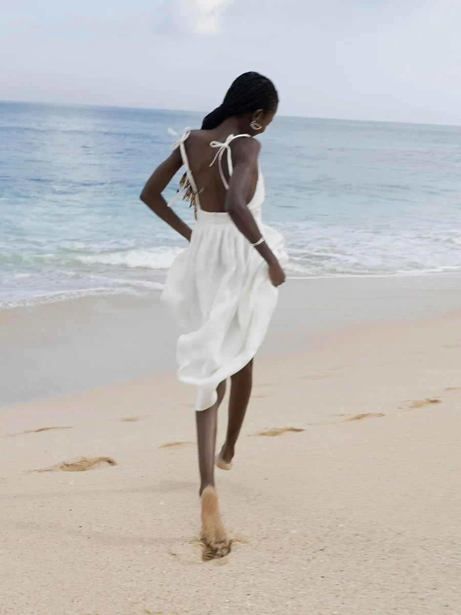 Spring Summer Beach Style Women Dress Vintage Loose A-line Sling Dress Sexy Hot Girl 100% Cotton V-neck Dress