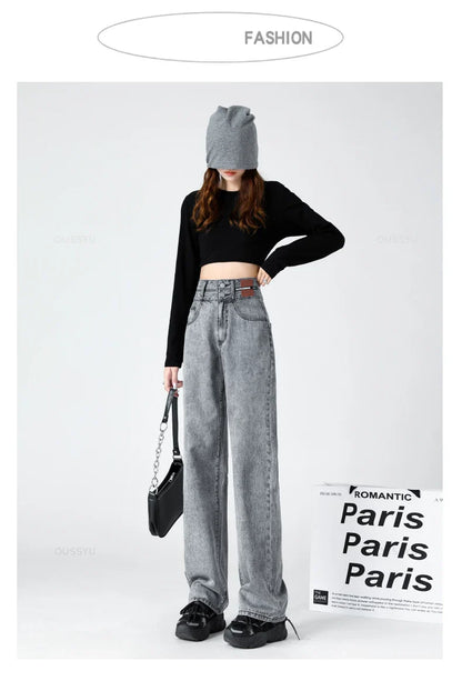 Y2K Woman Jeans High Waist Wide Leg Cotton Denim Clothing Blue White Streetwear Vintage Fashion Harajuku Straight Pants