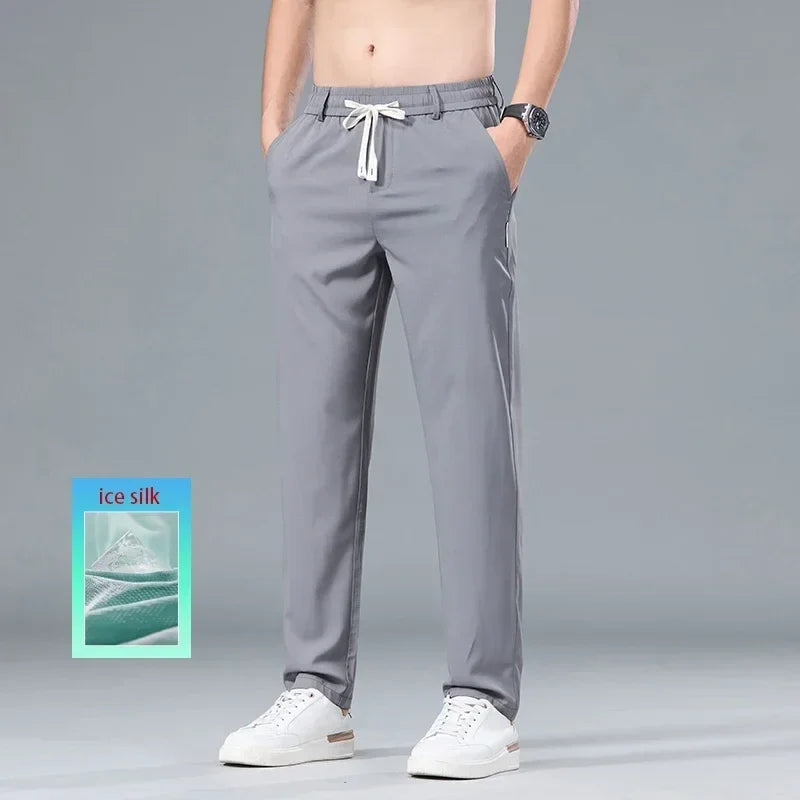Men's Ice Silk Trousers Solid Color Korean Loose Breathable Straight-Leg Casual Pants Thin Quick-Drying Sports With Pockets