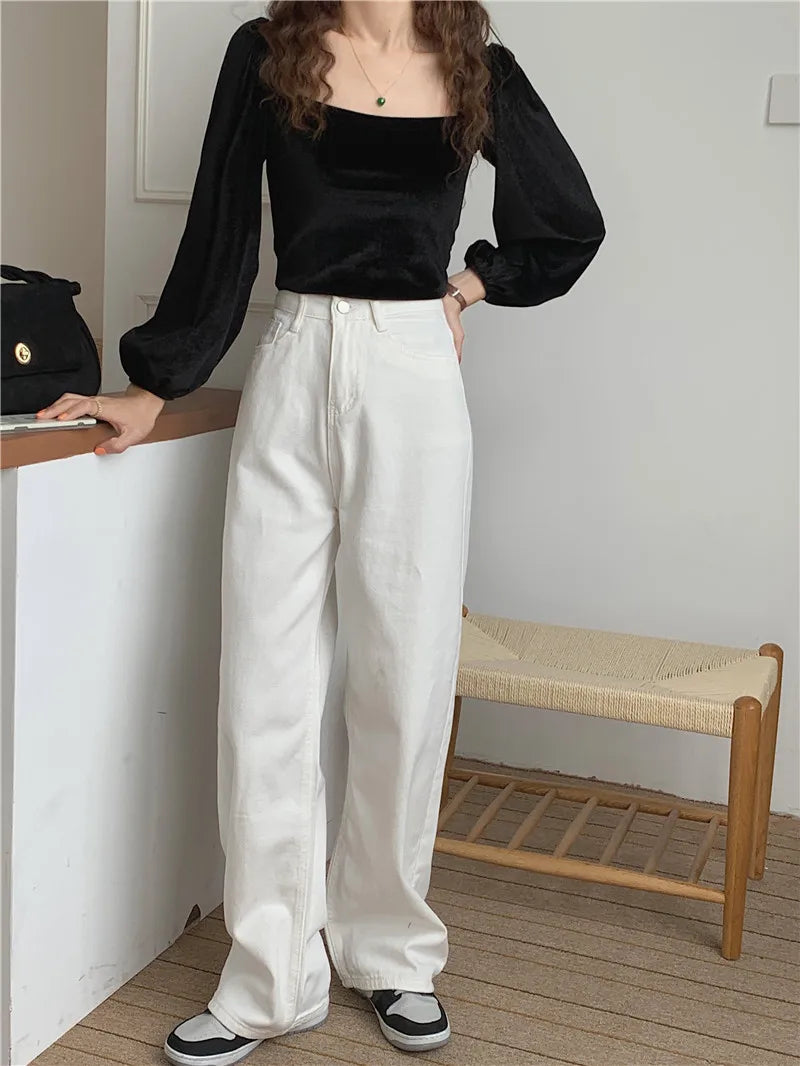 Korean Sle Simple Pure Color Wide Leg Jeans Pants for Women Summer Season Fall Collection Faion Ladies Premium Denim