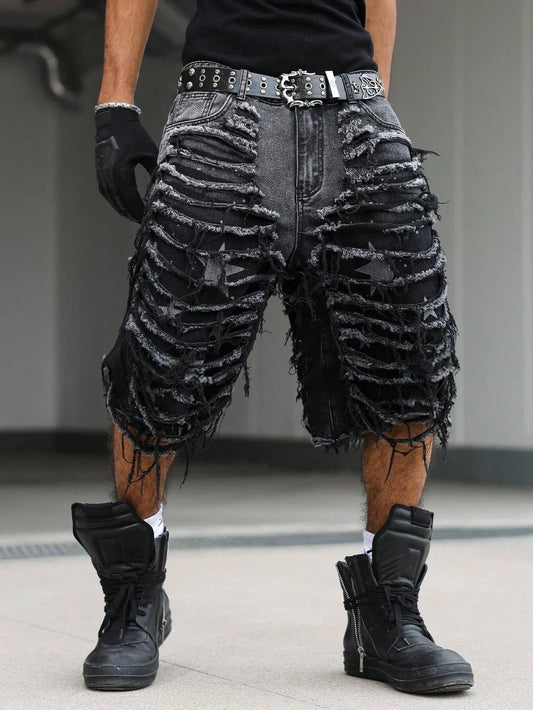 Men's Gothic Vintage Aesthetic Black Washed Ripped Denim Shorts, Summer Trendy Loose Raw Edge Fringed Five-Point Pants