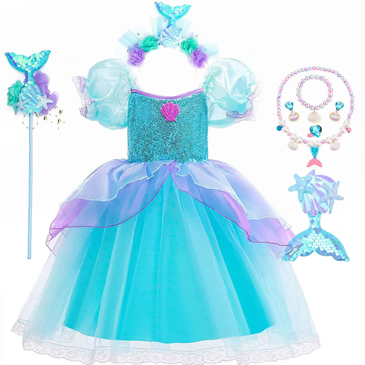 Summer Girl Mermaid Dress For Children Birthday Party Princess Cosplay Costume Ariel Halloween Fantasy Dress Summer Elegant Gown