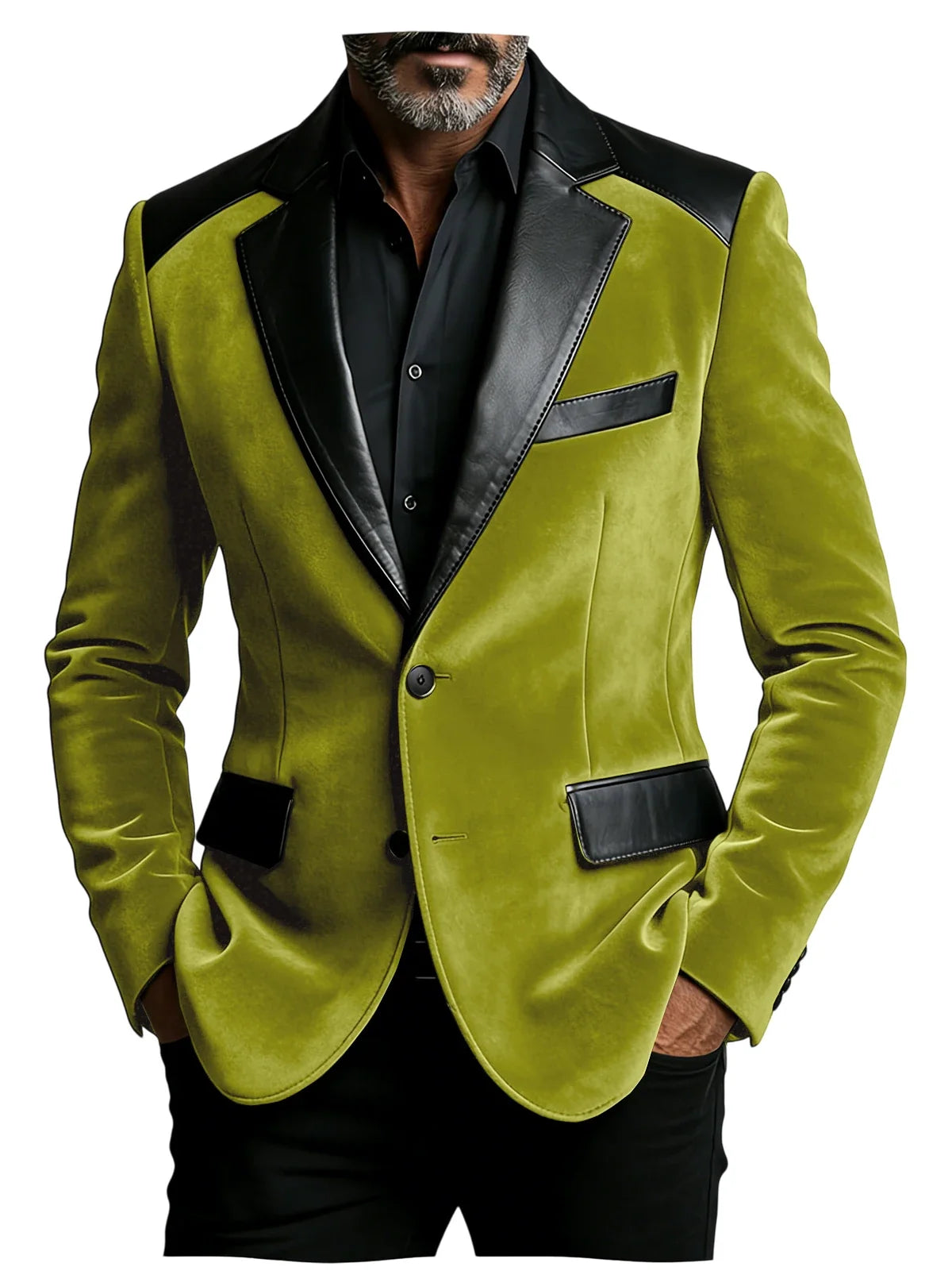 Men's Camel Velvet Blazer with Leather Patchwork Slim Fit Formal Casual Tuxedo Jacket Two-Tone Business Suit Coat