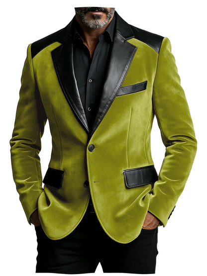 Men's Camel Velvet Blazer with Leather Patchwork Slim Fit Formal Casual Tuxedo Jacket Two-Tone Business Suit Coat