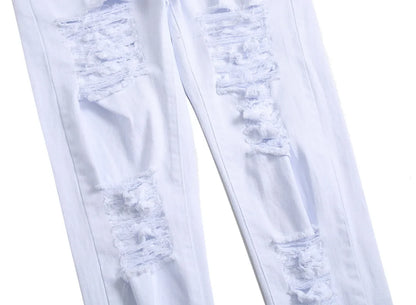 2025 Hole Denim Pants Men's Tide Brand Ruined Hole Jeans Solid Slim All-match High Street Hip Hop Trousers Red White Large Size