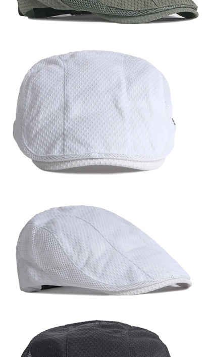 Men Women Breathable Mesh Summer Hat Newsboy Beret Ivy Cap Cabbie Flat Cap Adjustable Vintage Style