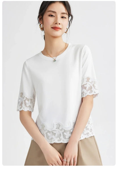 Women's Lace Trim Round Neck Short Sleeve T-Shirt 2025 Summer Slim Fit Casual Minimalist Solid Color Versatile Top