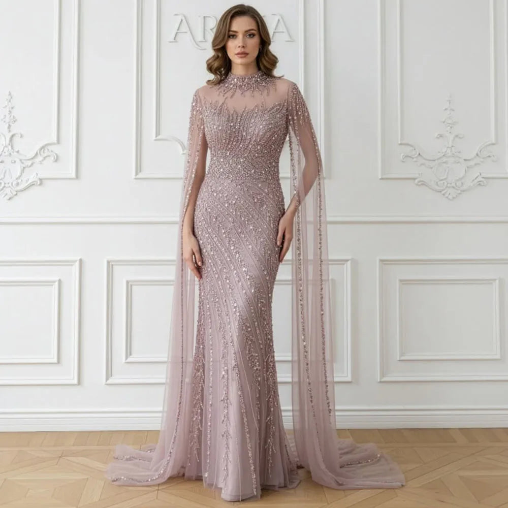 Luxury Beaded Evening Dress Cape Sleeve Dubai Sheer Neck Mermaid Formal Prom Wedding Party Gown Customized 2026