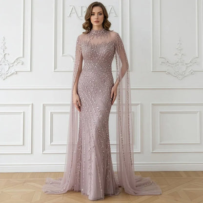 Luxury Beaded Evening Dress Cape Sleeve Dubai Sheer Neck Mermaid Formal Prom Wedding Party Gown Customized 2026