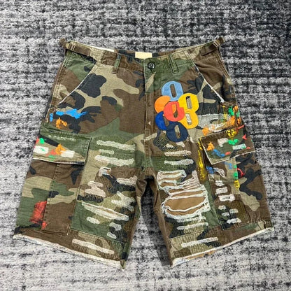 Summer Fashion Camouflage Splicing Leather Letter Washed Retro Knee Jeans Men Women Shorts