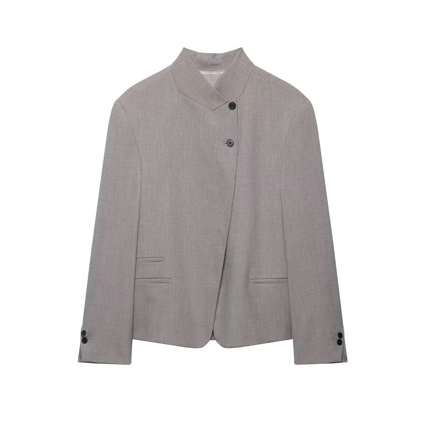 Vintage Office Lady Gray Solid Blazer Stand Collar Long Sleeve Loose Blazer Fashion 2026 Spring Summer Casual Blazer