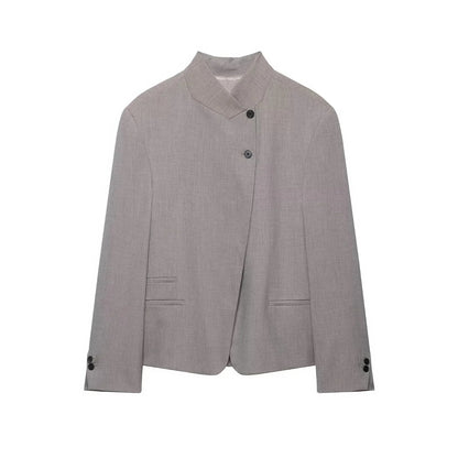 Vintage Office Lady Gray Solid Blazer Stand Collar Long Sleeve Loose Blazer Fashion 2026 Spring Summer Casual Blazer