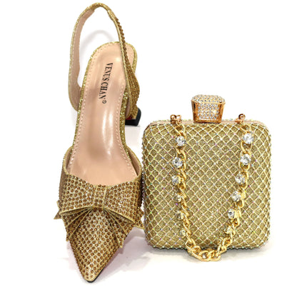 Bridal High Heels for Women 2023 Pointed Toe With Bows Gold Color Rhinestone  Elegant Party Wedding Shoe and Bag Set