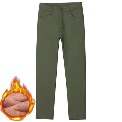 Winter Fleece Jeans Men's Cotton Soft Elastic Fit Straight Warm Plus Velvet Denim Pants Thick Fashion Korean Casual Trousers