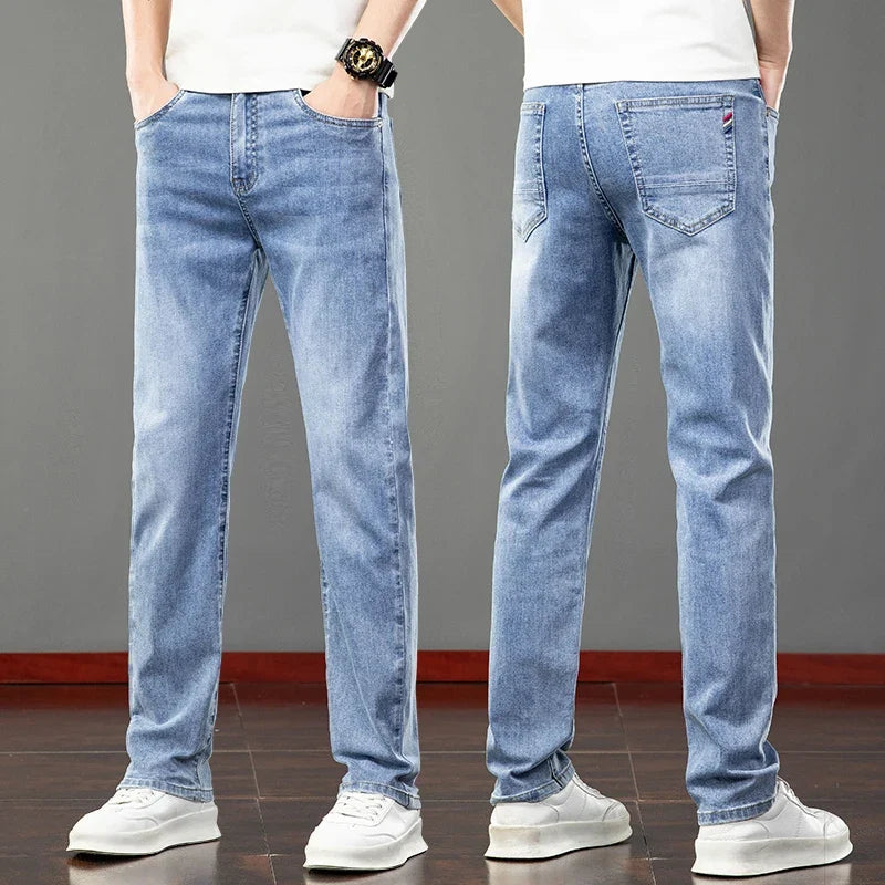 Spring Summer Thin Men's Jeans Fashion Korean Elastic Slim Straight Business Casual Denim Pants Classic Washed Male Trousers