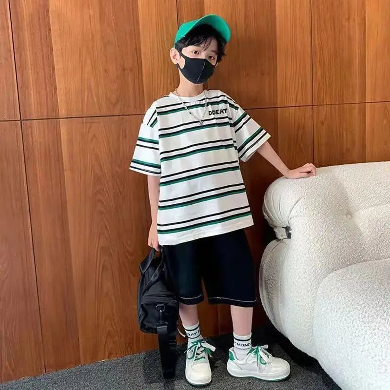 Striped Short-sleeved Shirt Boy Outfit 2025 Children's Clothing Toddler Cartoon Fashion Boys Set Kids Sweatshirt Summer Suit Top
