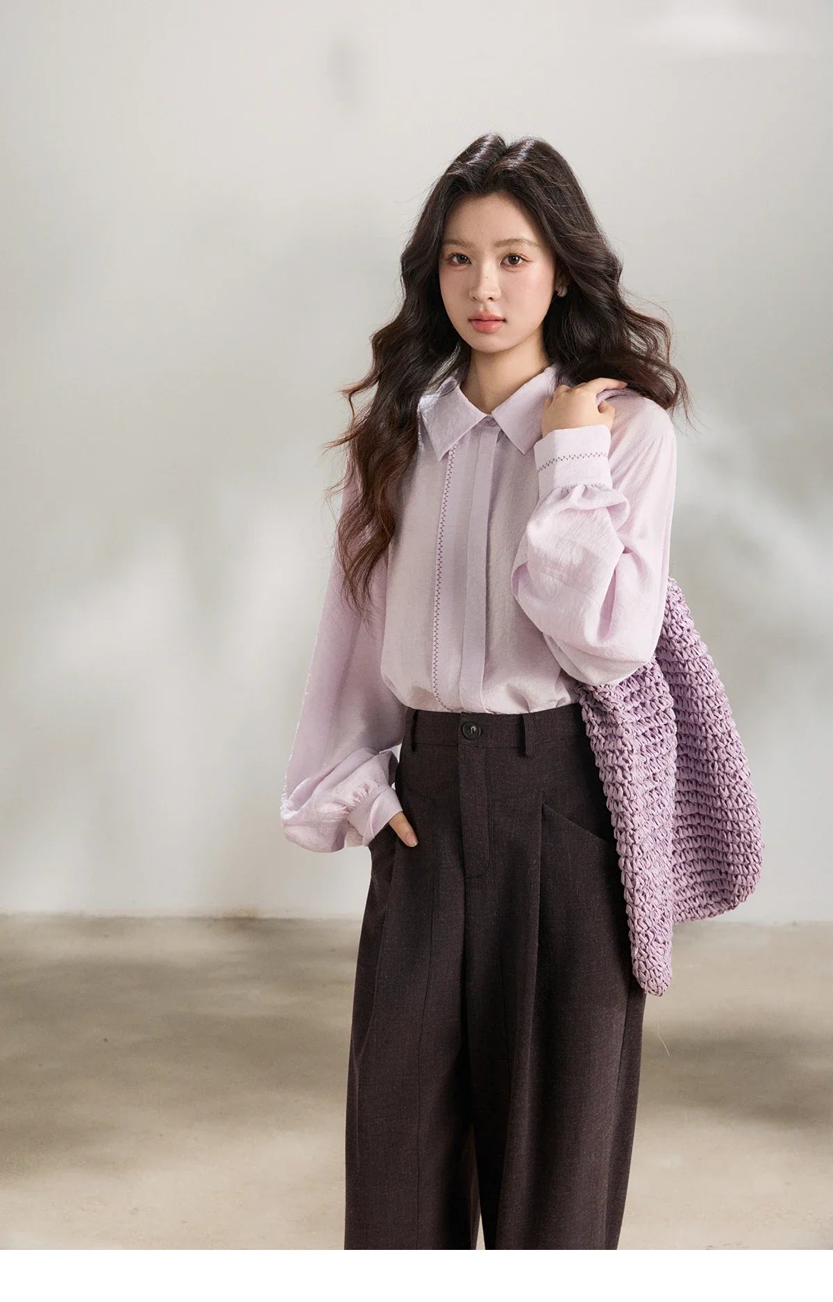 Women's Lapel Lantern Sleeve Shirts 2026 Spring Lace Trim Casual Loose Breathable Solid Shirt Office Lady MXF13C2436