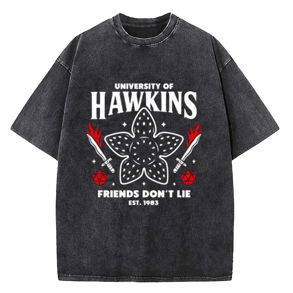 Demogorgon Hawkins Vintage Washed T Shirt Women Men Anime Cotton T Shirt Summer Harajuku Street Tops Clothing