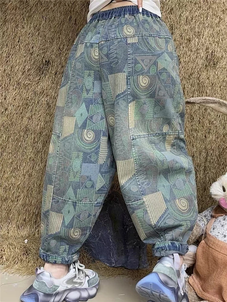 Printed Spring Patchwork Womens 2025 Harem Trousers Vintage Females Fashion Loose Leisure Denim Pants Classic Jeans
