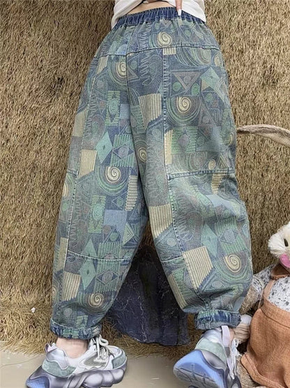 Printed Spring Patchwork Womens 2025 Harem Trousers Vintage Females Fashion Loose Leisure Denim Pants Classic Jeans