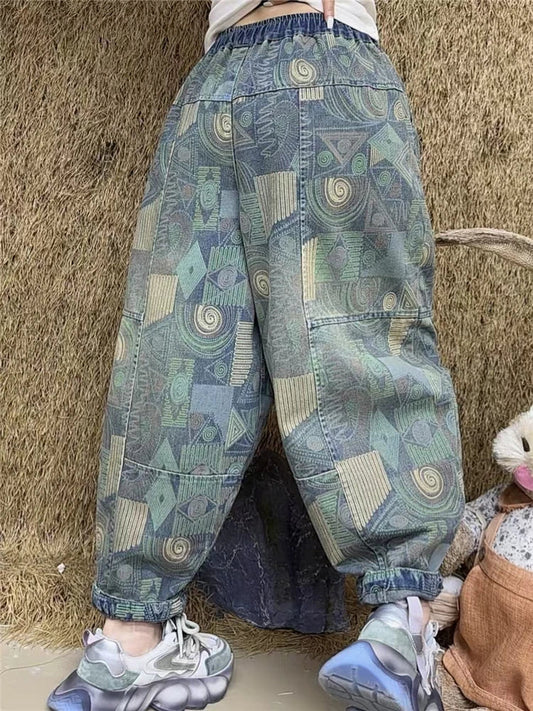 Printed Spring Patchwork Womens 2025 Harem Trousers Vintage Females Fashion Loose Leisure Denim Pants Classic Jeans