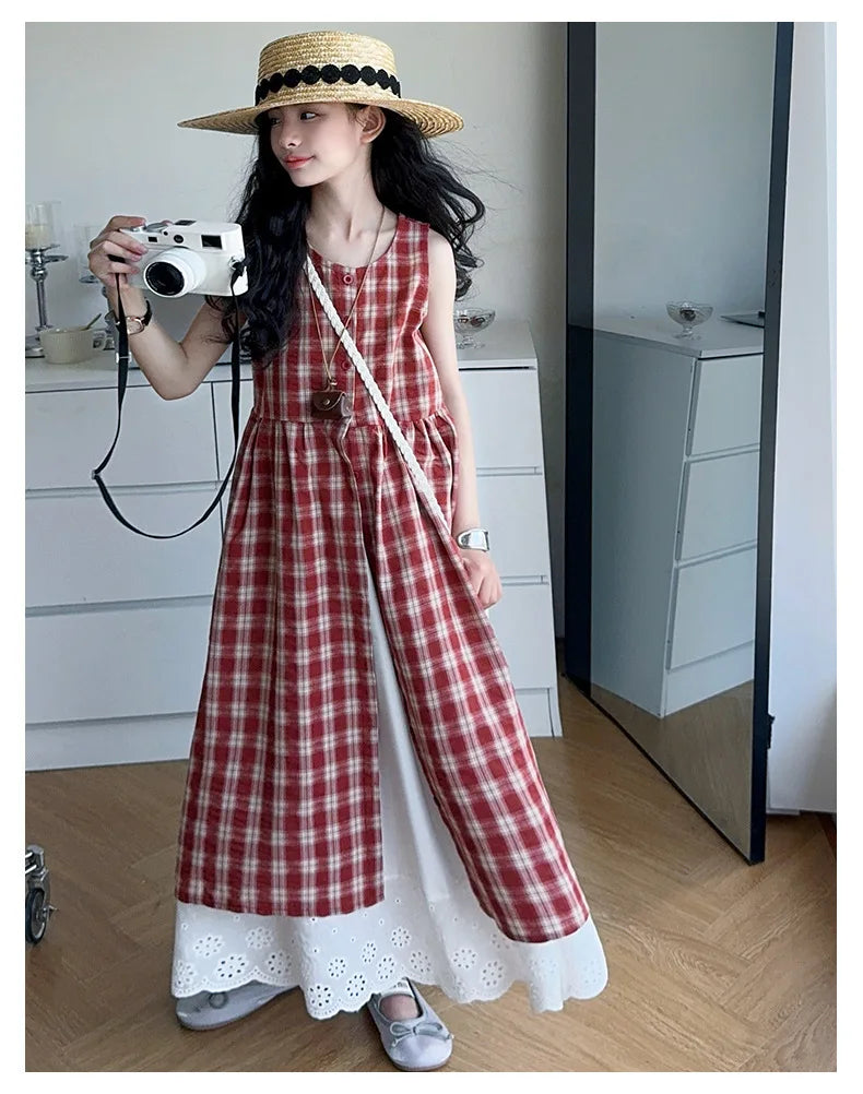 Summer Girls Retro Red Plaid Vest Dress 2-Piece Set Thin French Style Strappy Sundress Casual Vacation Outfit Teen Kids Clothes