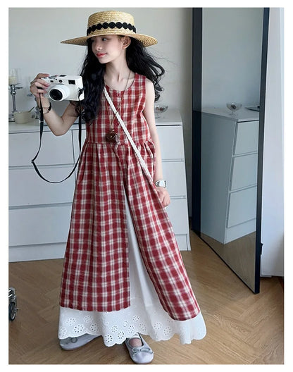 Summer Girls Retro Red Plaid Vest Dress 2-Piece Set Thin French Style Strappy Sundress Casual Vacation Outfit Teen Kids Clothes