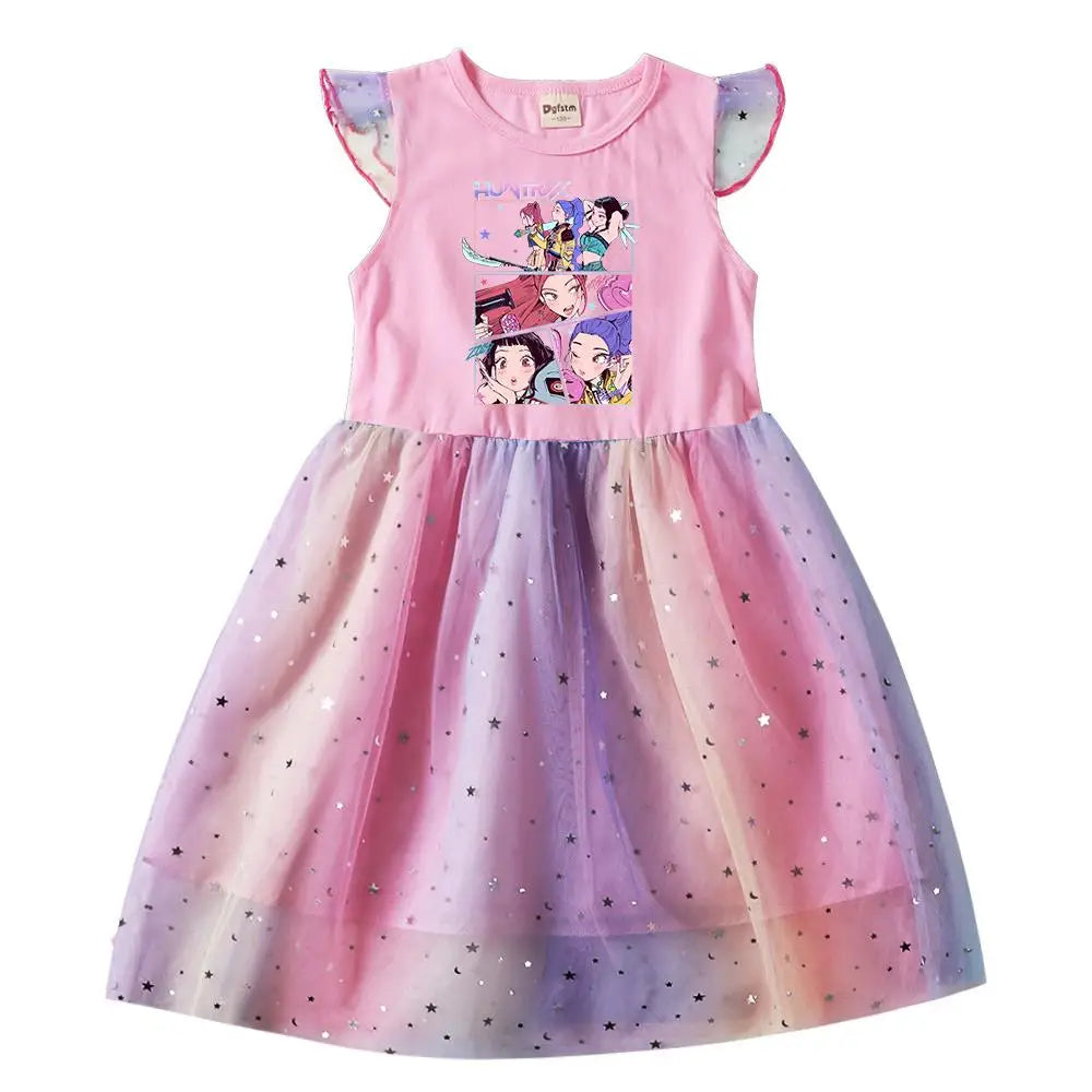 K-Pop Hunters Rumi Baby Girls Dress Children Cartoon Mesh Star Sequins Princess Dress Kids Flying Sleeve Skirt For Birthday Gift