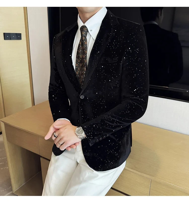 High Quality Velvet Bronzing Suit Coats Mens Sparkle Elegant Slim Business Suits Jacket Homme Formal Social Prom Party Tuxedos